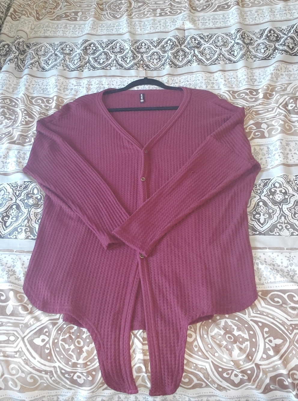 Burgundy Button Front Waffle Knit Sweater